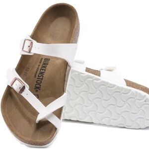 Birkenstock Mayari Sandals white rose gold buckle strappy strap cork